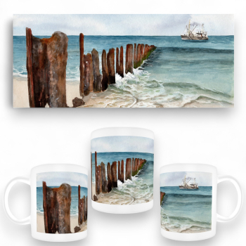 Tasse Becher Kaffeebecher Aquarell Wellenbrecher Maritim Kunst Druck Dänemark Nordsee Ostsee Düne Dünen Meer Möwe Möwen Strand